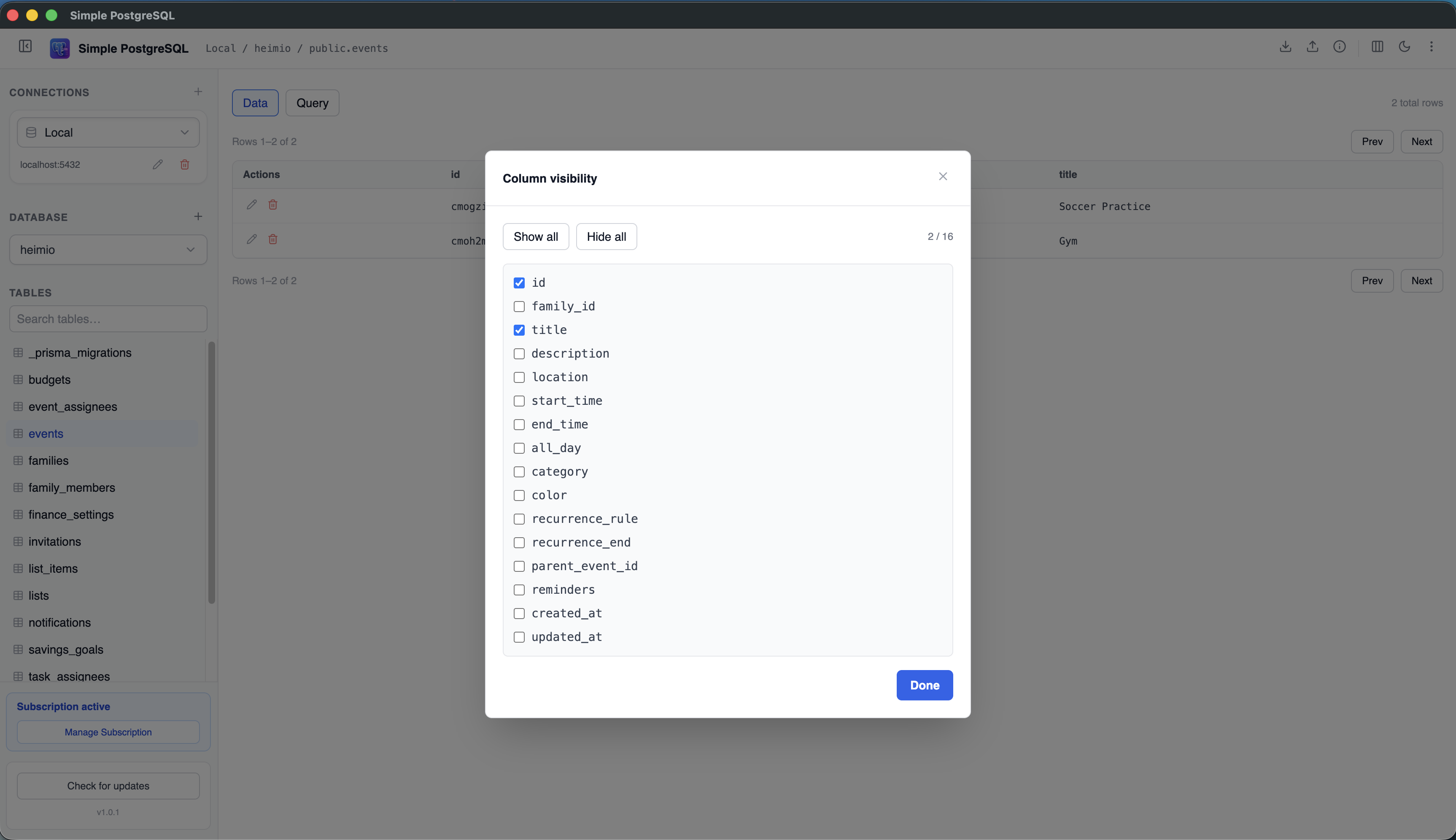 Column visibility panel letting you show or hide specific columns in the table view