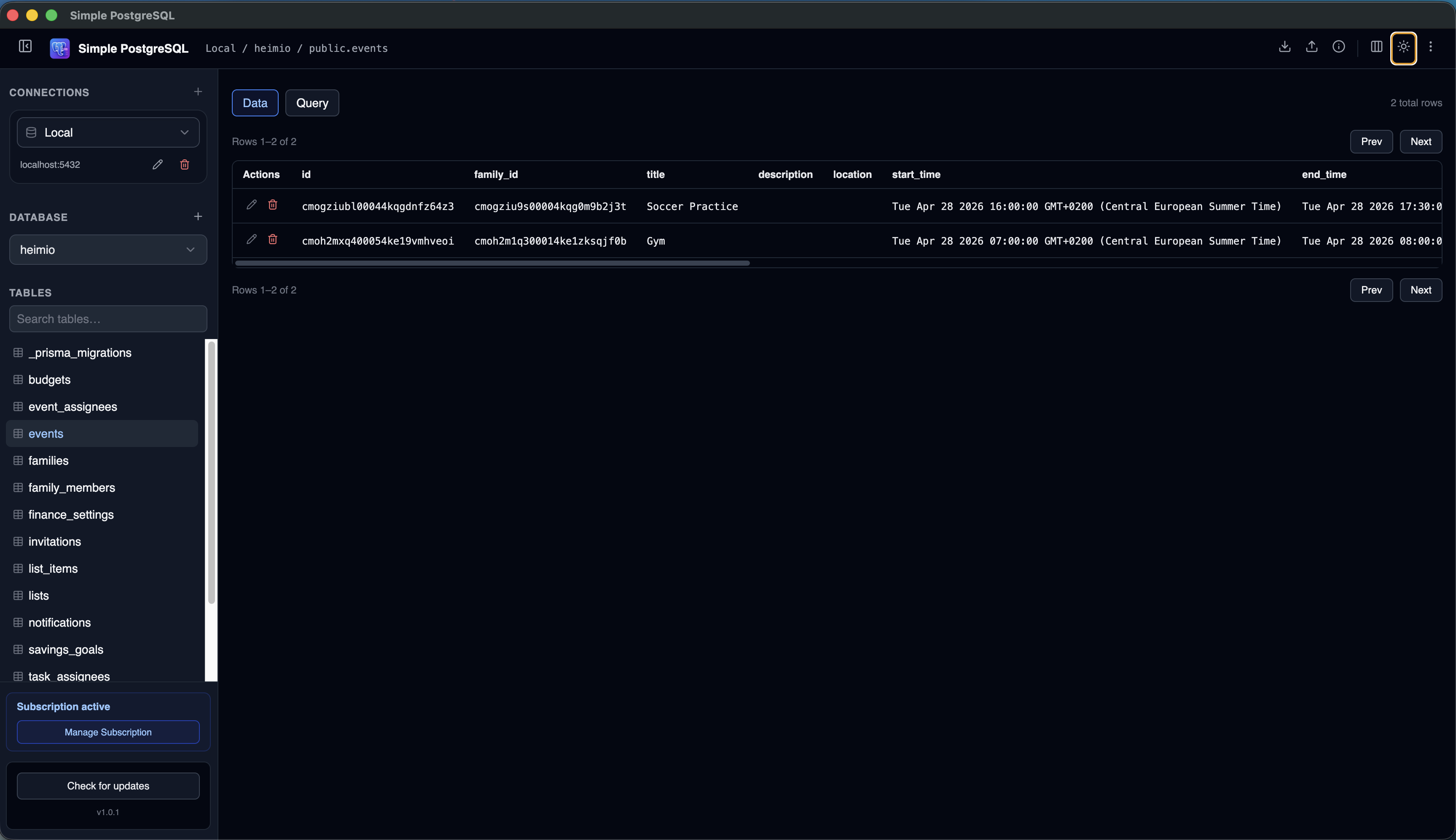 Heroku Postgres table rows displayed in the Simple PostgreSQL data viewer