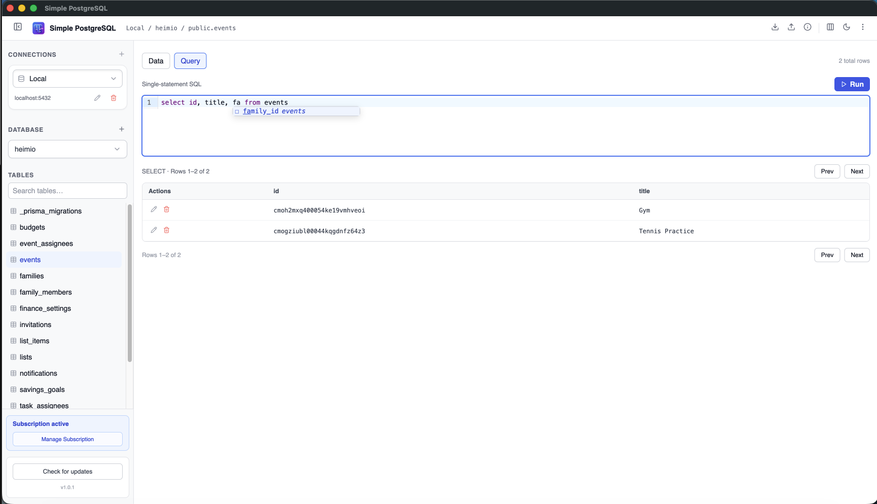 SQL query editor and results grid connected to a Heroku PostgreSQL database