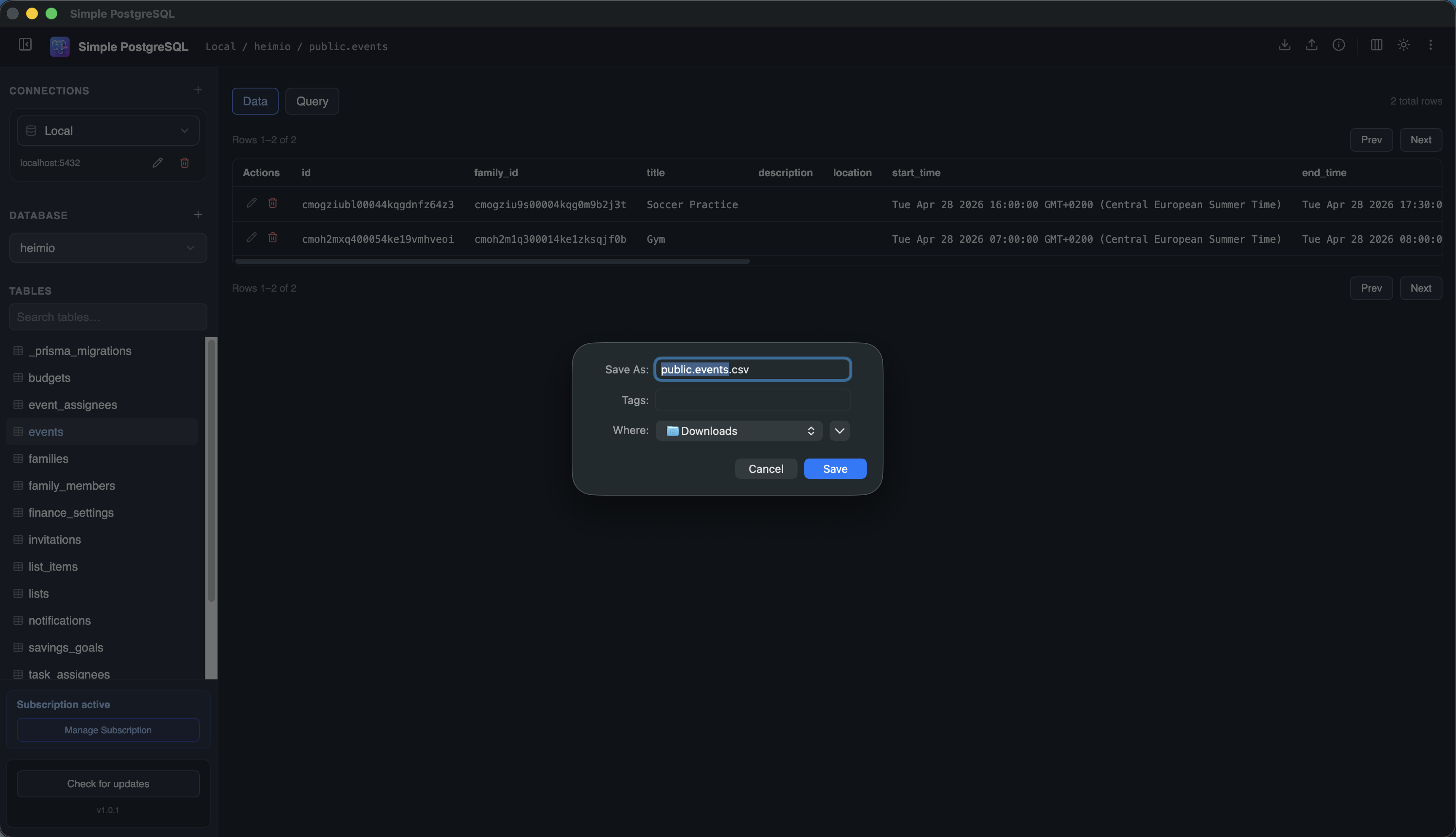 Export a PostgreSQL table to CSV on Mac from Simple PostgreSQL