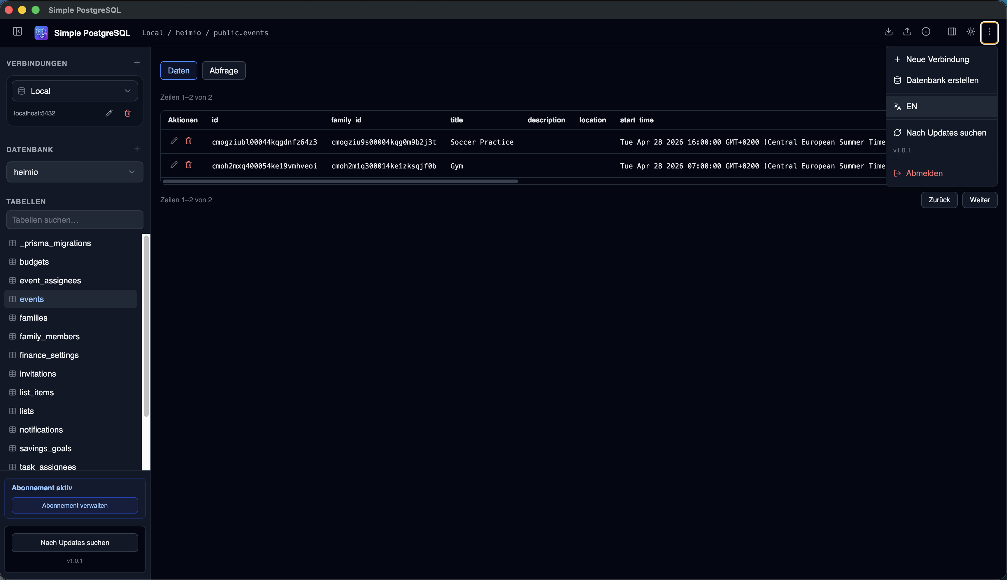 Language settings showing English and German interface options