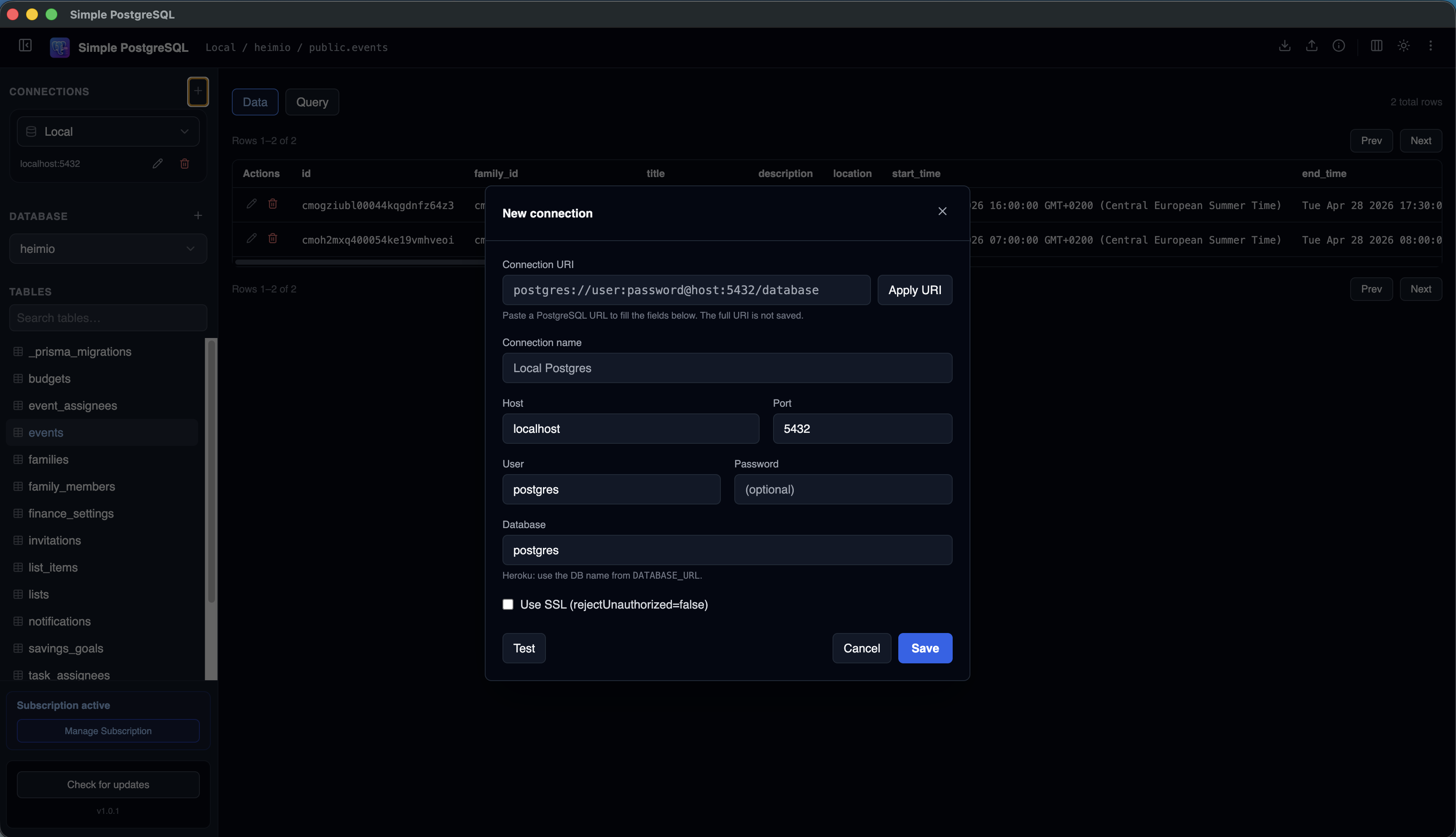 Simple PostgreSQL connection form for adding a Heroku Postgres database